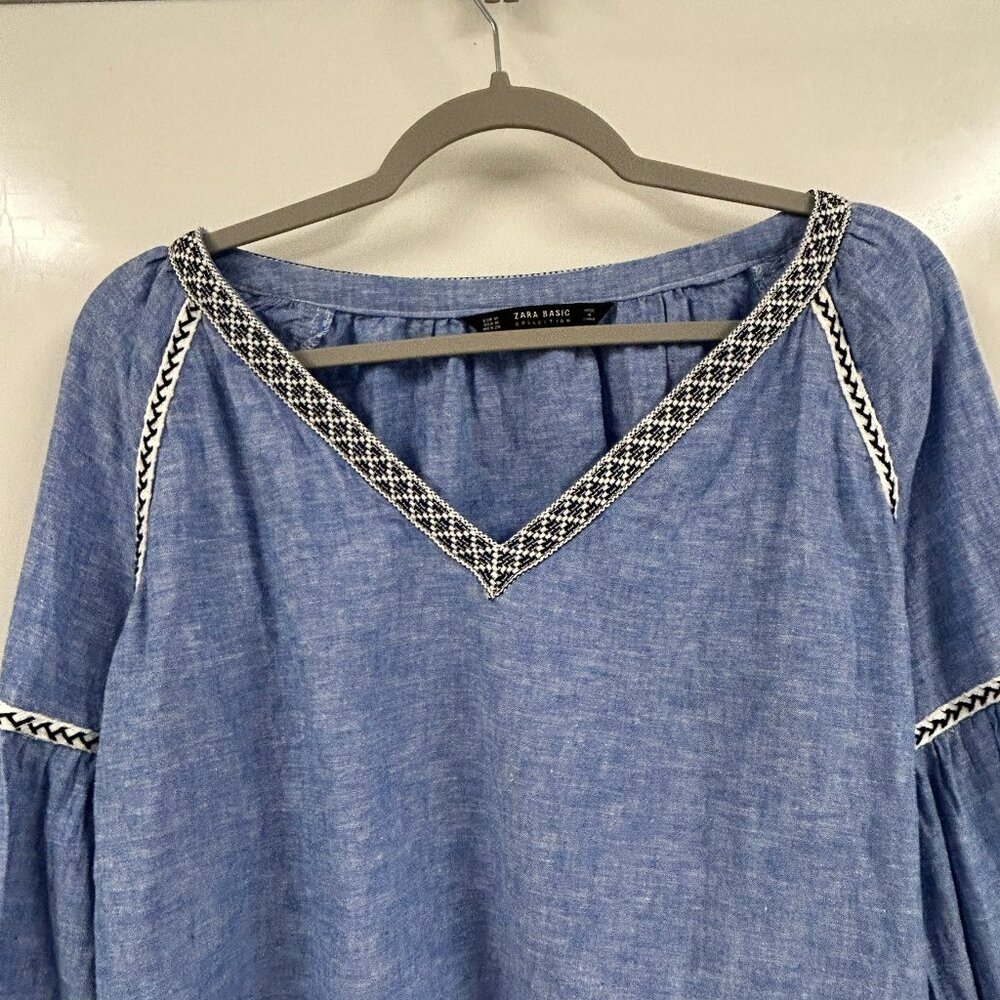 Zara Basic Blue Peasant Top Medium Boho Embroider… - image 3